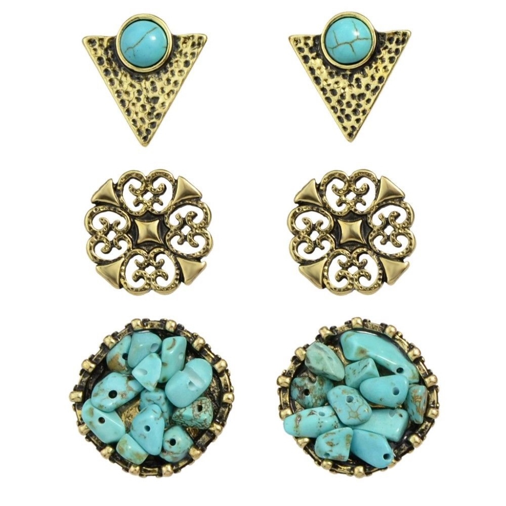 Womens earrings set gold and turquoise stone Boho